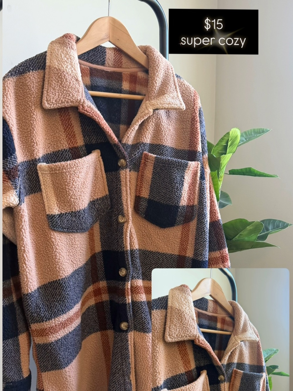Cozy Plaid Sherpa Jacket - Peach/Charcoal